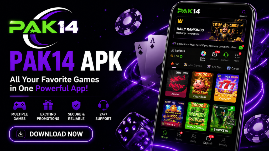 PAK14 APK Download Latest Version 2026 for Android with gaming features and app interface