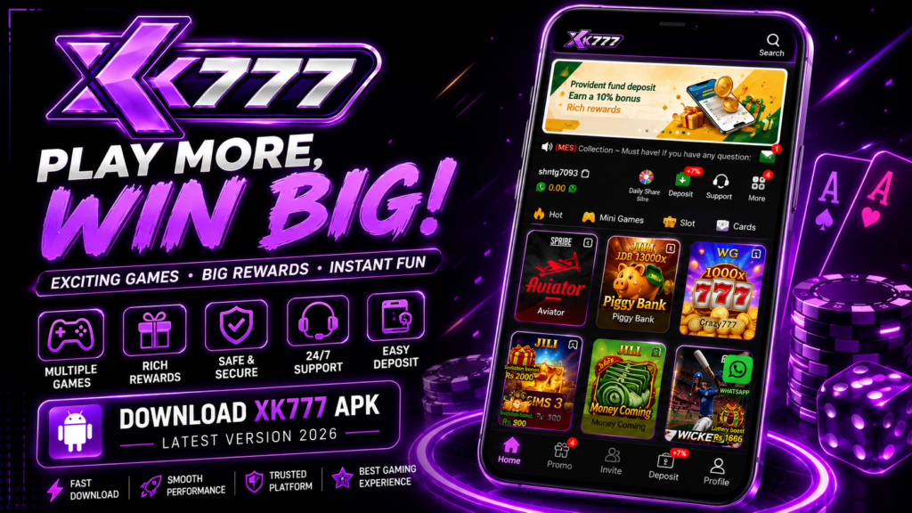 XK777 APK Download Latest Version 2026 for Android with popular games, mini games, slots and mobile gaming features